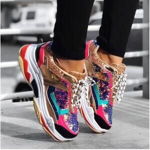 Fashion Nova Multicolor Sequined Glitter Patent Leather Sneakers Size 5